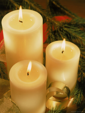 Three Lighted Pillar Candles, Ribbon And Pine Branch by Eric Kamp Pricing Limited Edition Print image