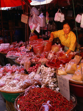 Dried Chillies, Shallots And Garlic For Sale In Stall, Thailand by Jerry Alexander Pricing Limited Edition Print image