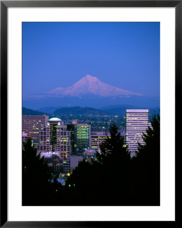 Night View Of Downtown And Mt Hood, Portland, Oregon, Usa by Janis Miglavs Pricing Limited Edition Print image