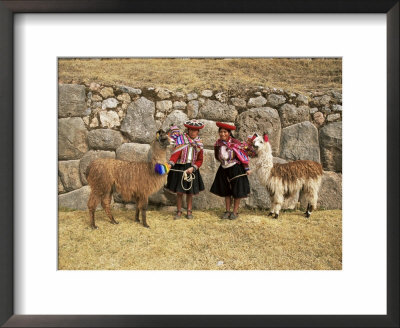 Local Women And Llamas In Front Of Inca Ruins, Near Cuzco, Peru, South America by Gavin Hellier Pricing Limited Edition Print image