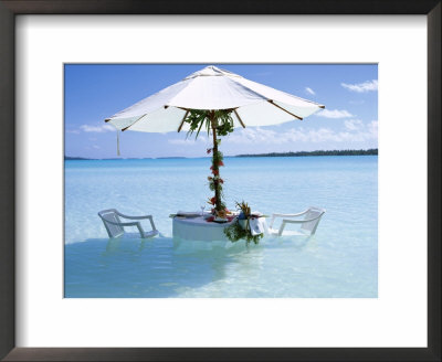 White Table, Chairs And Parasol In The Ocean, Bora Bora (Borabora), Society Islands by Mark Mawson Pricing Limited Edition Print image