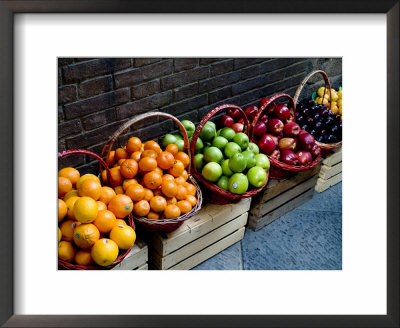 Six Baskets Of Assorted Fresh Fruit For Sale At A Siena Market, Tuscany, Italy by Todd Gipstein Pricing Limited Edition Print image
