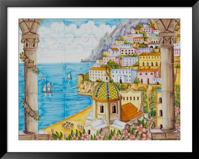 Ceramic Shop With Positano View Done In Tile, Positano, Amalfi, Campania, Italy by Walter Bibikow Pricing Limited Edition Print image