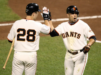 Texas Rangers V San Francisco Giants, Game 1: Andres Torres, Buster Posey by Christian Petersen Pricing Limited Edition Print image