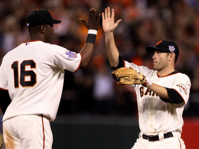 Texas Rangers V San Francisco Giants, Game 1: Edgar Renteria, Freddy Sanchez by Ezra Shaw Pricing Limited Edition Print image