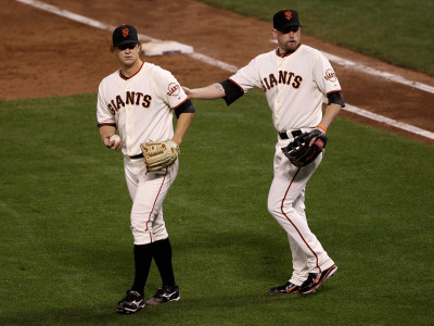 Texas Rangers V San Francisco Giants, Game 2: Matt Cain, Aubrey Huff by Ezra Shaw Pricing Limited Edition Print image