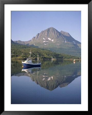 Boat And Mountains Reflected In Tranquil Water, Near Tromso, North Norway, Norway by David Lomax Pricing Limited Edition Print image