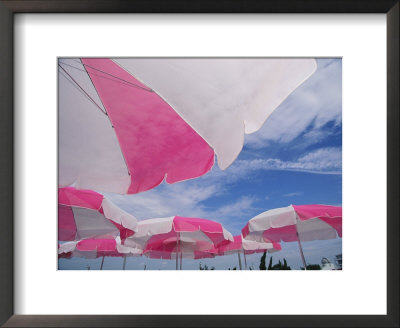 An Arrangement Of Pink And White Beach Umbrellas At The Beach by Clarita Berger Pricing Limited Edition Print image