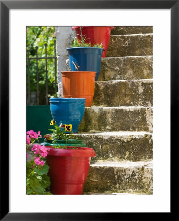 Staircase With Flower Planters, Fiskardo, Kefalonia, Ionian Islands, Greece by Walter Bibikow Pricing Limited Edition Print image