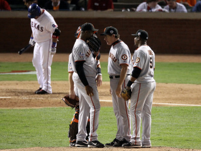 San Francisco Giants V Texas Rangers, Game 3: Dave Righetti,Guillermo Mota by Christian Petersen Pricing Limited Edition Print image