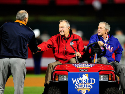 San Francisco Giants V Texas Rangers, Game 4: George H.W. Bush,George W. Bush,Nolan Ryan by Pool Pricing Limited Edition Print image