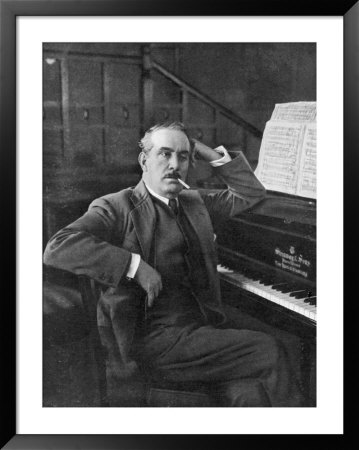 Giacomo Puccini Leans On The Pianoa Cigarette Dangling From The Side Of His Mouth by G. Magrini Pricing Limited Edition Print image