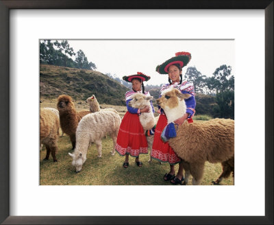 Portrait Of Two Peruvian Girls In Traditional Dress, With Their Animals, Near Cuzco, Peru by Gavin Hellier Pricing Limited Edition Print image