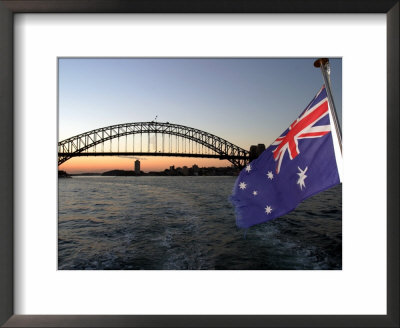 Australian Flag And Sydney Harbor Bridge At Dusk, Australia by David Wall Pricing Limited Edition Print image