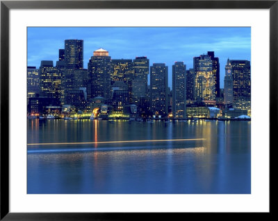 Boat Leaves Light Trail On Boston Harbor At Sunset, Boston, Massachusetts, Usa by Nancy & Steve Ross Pricing Limited Edition Print image