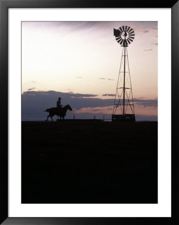 Silhouette Of Cowboy And Horse Near Windmill by Tim O'hara Pricing Limited Edition Print image
