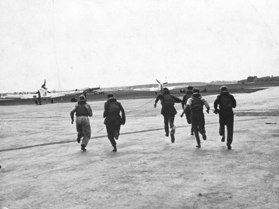 Raf Fighters Rushing To Planes After Receiving Signal To Engage Enemy Pilots, Battle Of Britain by William Vandivert Pricing Limited Edition Print image