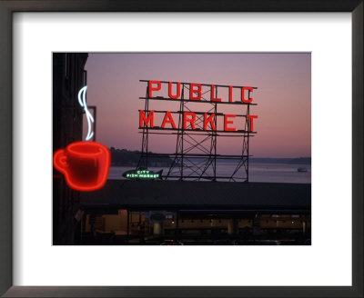Neon Sign Of Coffee Cup At Pike Place Market, Seattle, Washington, Usa by Connie Ricca Pricing Limited Edition Print image
