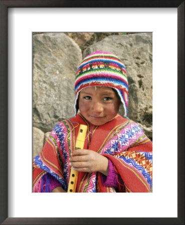 Portrait Of A Peruvian Boy In A Knitted Hat, Playing The Flute, Near Cuzco, Peru, South America by Gavin Hellier Pricing Limited Edition Print image