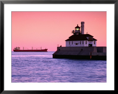 South Breakwater Outer Lighthouse At Dawn, With Ship On Horizon, Duluth Harbor, Duluth, Usa by Richard Cummins Pricing Limited Edition Print image