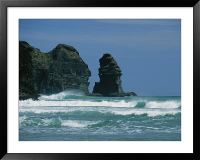 Rolling Surf Approaches Piha Beach With Lion Rock In Background by Todd Gipstein Pricing Limited Edition Print image