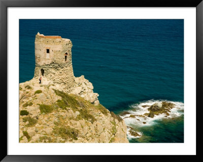 Hiker Approaches Genoan Tower, Cap Corse, Corsica, France by Trish Drury Pricing Limited Edition Print image