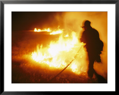 Fire-Fighter Silhouetted Against The Flames Of A Grass Fire by Mark Thiessen Pricing Limited Edition Print image