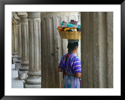 Woman Carrying Basket With Colonial Styled Pillars, Antigua, Guatemala by Keren Su Pricing Limited Edition Print image