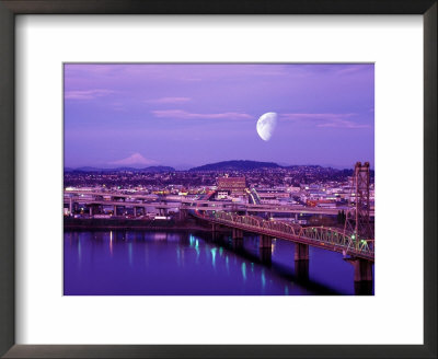 Moon Over The City With Mt Hood In The Background, Portland, Oregon, Usa by Janis Miglavs Pricing Limited Edition Print image