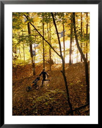 A Woman Pushes A Baby Stroller As She Jogs Through A Wooded Area by Skip Brown Pricing Limited Edition Print image