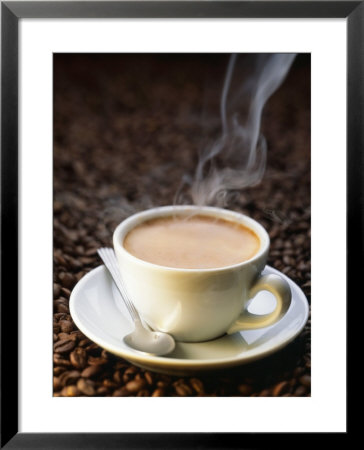 A Steaming Cup Of Coffee On Coffee Beans by Peter Sapper Pricing Limited Edition Print image