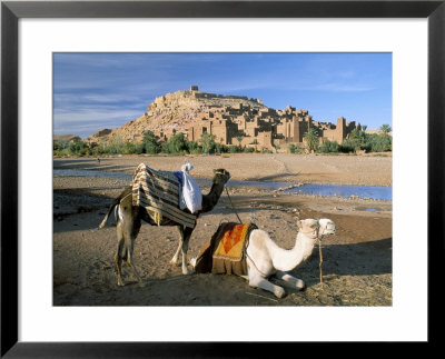 Camels By Riverbank With Kasbah Ait Benhaddou, Unesco World Heritage Site, In Background, Morocco by Lee Frost Pricing Limited Edition Print image