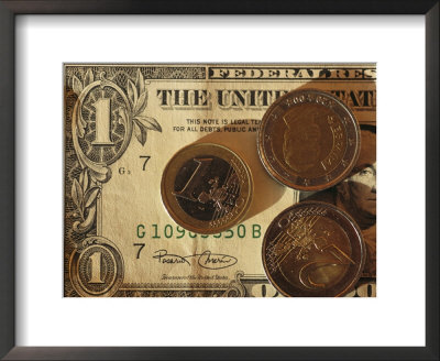 Euro Coins On Top Of An American Dollar Bill by Stephen Alvarez Pricing Limited Edition Print image