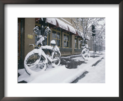 Two Snow-Covered Bicycles Rest Against Trees Outside A Building by Michael S. Lewis Pricing Limited Edition Print image
