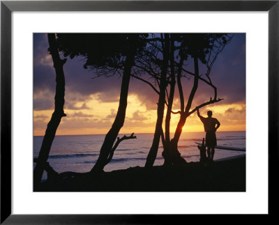 A Silhouetted Surfer And Trees At Sunrise by Skip Brown Pricing Limited Edition Print image
