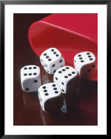Close Up Of Five Dice And Shaker by Fogstock Llc Pricing Limited Edition Print image