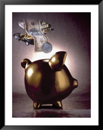 Piggy Bank With Money, House, And Car On Top by Eric Kamp Pricing Limited Edition Print image