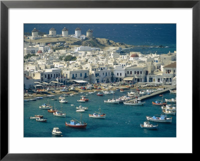 Aerial Of The Harbour And Mykonos Town With Windmills In The Background, Greece by Fraser Hall Pricing Limited Edition Print image