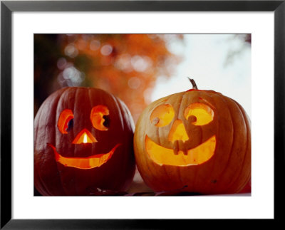 A Cheerful Pair Of Jack-O-Lanterns Against A Background Of Fall Foliage by Stephen St. John Pricing Limited Edition Print image