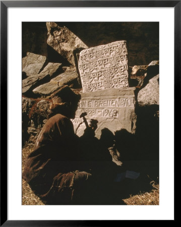 A Man Inscribes A Stone Marker With The Name Of A Climber Killed On Mount Everest by Barry Bishop Pricing Limited Edition Print image