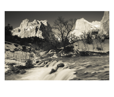 Utah, Zion National Park, Mountain Sunrise By The North Fork Virgin River, Winter, Usa by Walter Bibikow Pricing Limited Edition Print image
