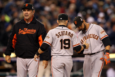 Detroit, Mi - Oct 27: Detroit Tigers V Sf Giants - Bruce Bochy, Marco Scutaro And Angel Pagan by Ezra Shaw Pricing Limited Edition Print image