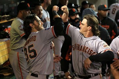 Detroit, Mi - Oct 28: Detroit Tigers V Sf Giants - Ryan Theriot, Brandon Crawford And Marco Scutaro by Doug Pensinger Pricing Limited Edition Print image