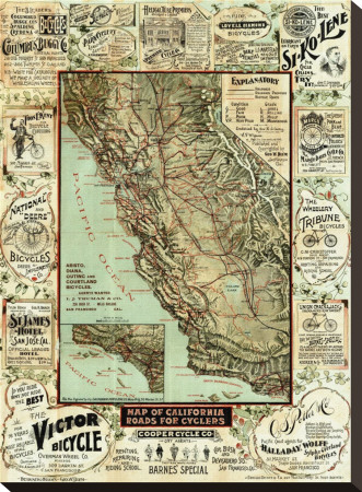 Map Of California Roads For Cyclers, C.1896 by George W. Blum Pricing Limited Edition Print image