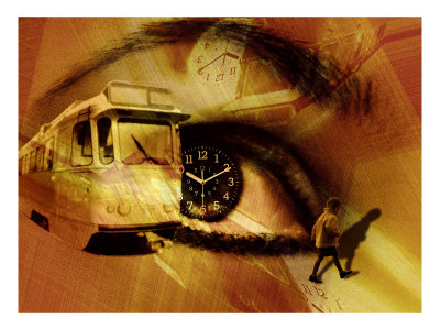 Collage Of Womans Eye With Clock In Pupil And Child Walking To School Bus by Ilona Wellmann Pricing Limited Edition Print image