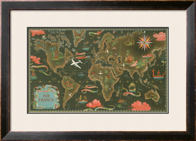 Air France: Flight Routes And Illustrated World Map, C.1948 by Lucien Boucher Pricing Limited Edition Print image