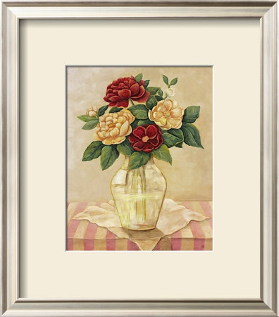 Peonies On Striped Tablecloth by Ekapon Poungpava Pricing Limited Edition Print image