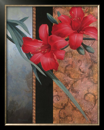 Red Orchid With Teal Damasque by T. C. Chiu Pricing Limited Edition Print image