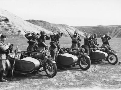 German Motorcycle Patrol During World War Ii Gas Alarm by Robert Hunt Pricing Limited Edition Print image