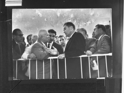 Soviet Premier Nikita Khrushchev Listening To Vp Richard Nixon Explain Us Home Construction Ideas by Howard Sochurek Pricing Limited Edition Print image